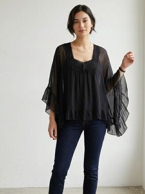 See by Chloe Sheer Silk Georgette Poncho Blouse Crochet Trim 42 US 10 Black